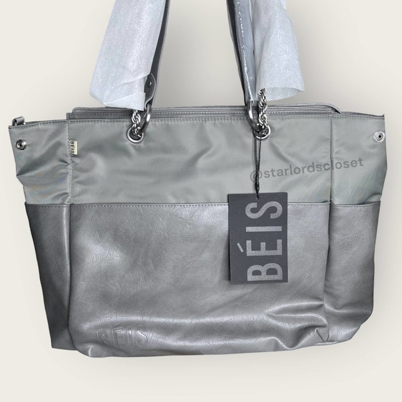 BEIS The Diaper Bag | Grey | Baby Purse Nylon Leather Trim Laptop Shoulder Strap - Picture 8 of 10